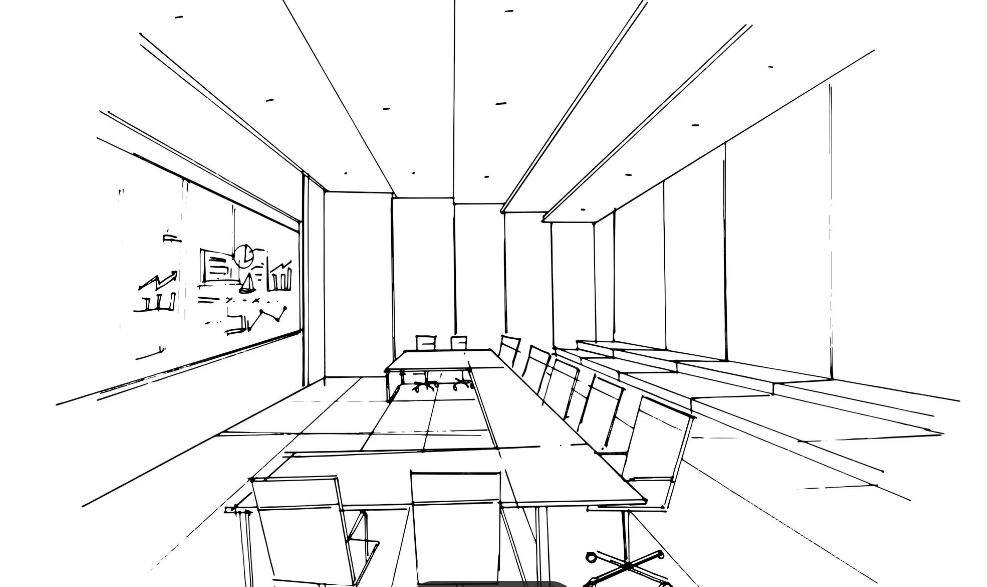 Salle de réunion avec table, chaises, tableau blanc et ordinateurs.