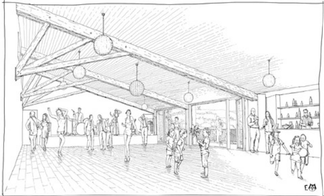 Grande salle avec piliers, salle de bar avec étagères à bouteilles, clients, personnel et musique live.