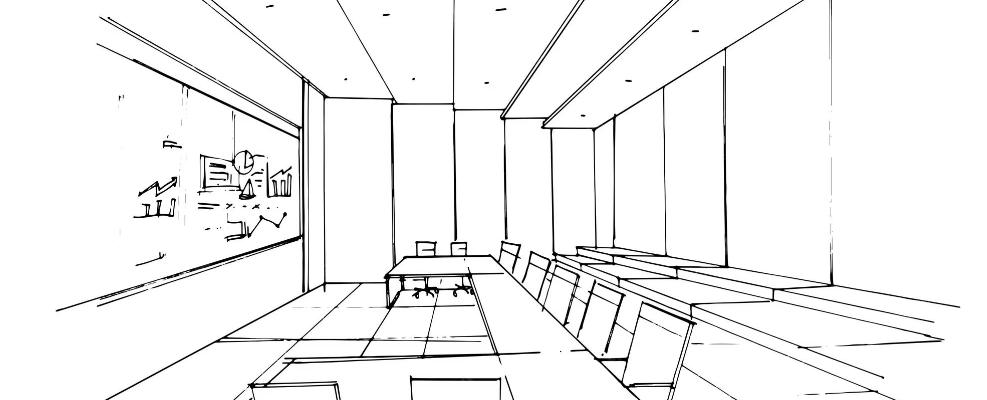 Salle de réunion avec table, chaises, tableau blanc et ordinateurs.