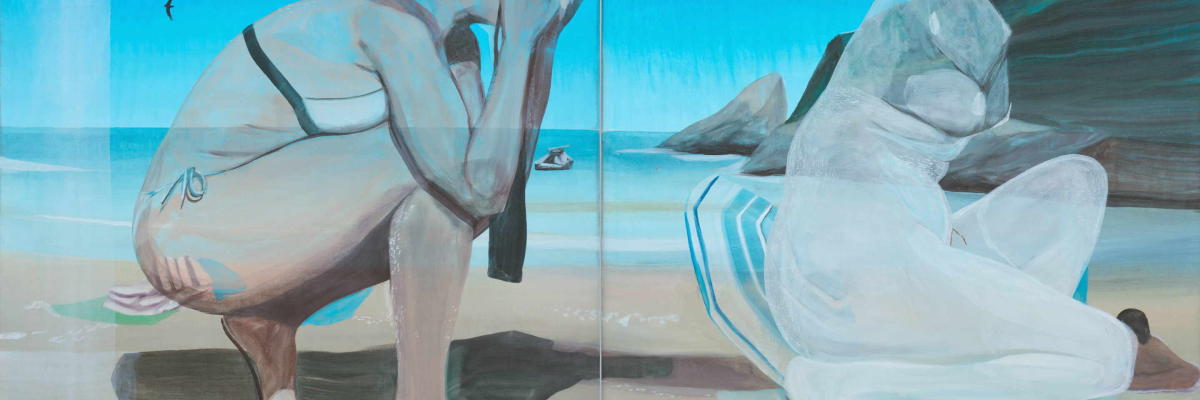 Tableau représentant deux personnes photographiant une plage avec un appareil photo. Une personne est accroupie, l'autre est assise sur une serviette. La scène se déroule sur une plage avec des vagues en arrière-plan.