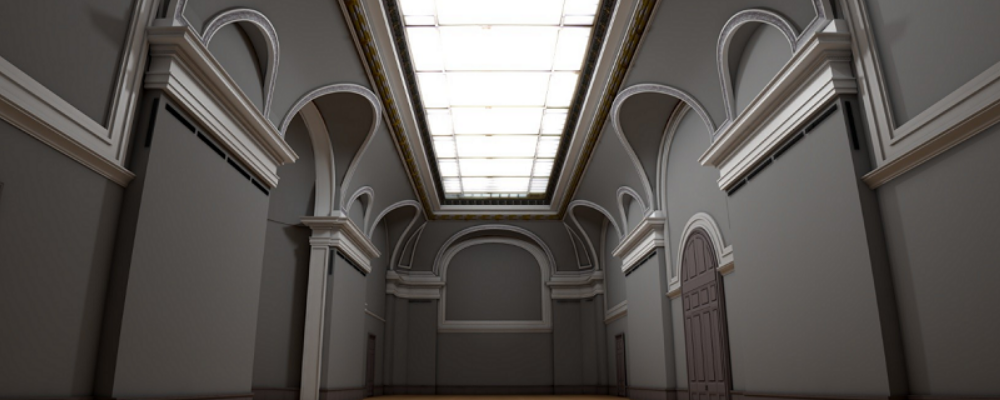 Salle avec voûte, colonnes, toit en verre et parquet.