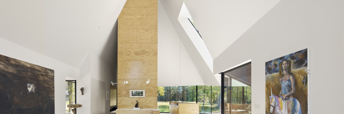 Salle de séjour avec canapé, bancs, table, cheminée et tableaux.