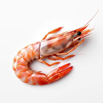 Crevette avec tête, carapace, queue et pinces.