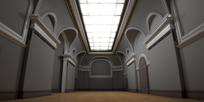 Salle avec voûte, colonnes, toit en verre et parquet.